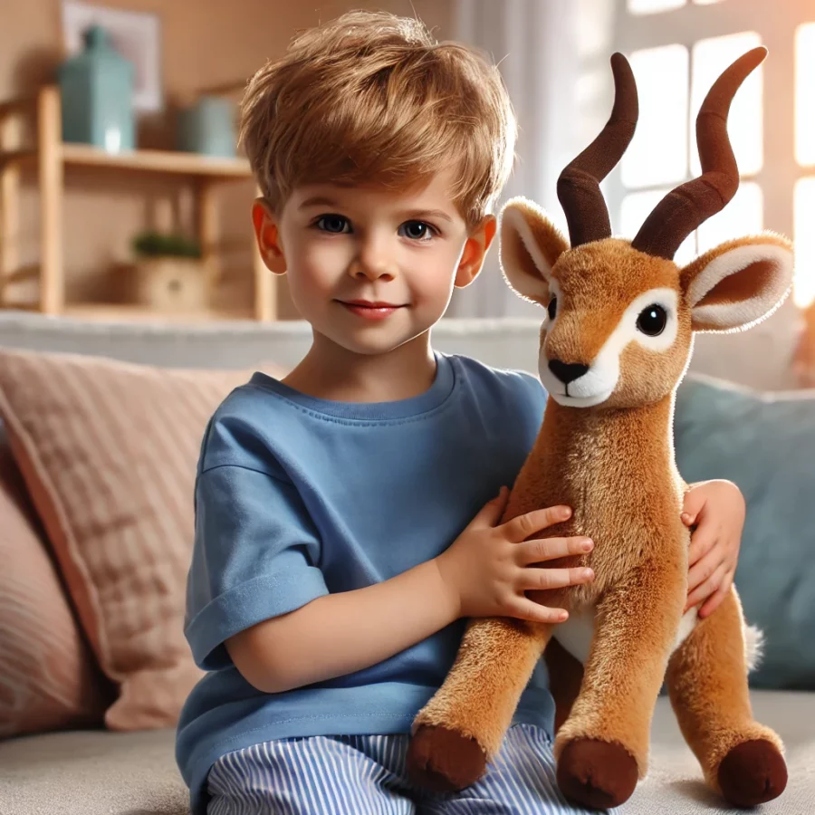 ein Junge sitzt auf dem Sofa und hält eine Kuscheltier-Antilope im Arm